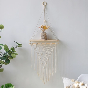 Handmade bohemian macrame wall hanging shelf with cotton fringe for home decor