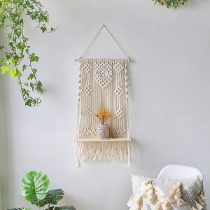 Nordic boho handmade woven wall tapestry with wooden shelf and tassels for home decor