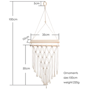 Handmade macrame wall hanging shelf with cotton rope and wood tray for home decor