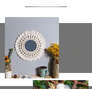 Detail of woven cotton rope fringe and natural wooden beads on bohemian wall mirror