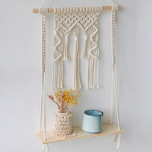 Bohemian handmade macrame wall hanging shelf with wood board and cotton rope decor