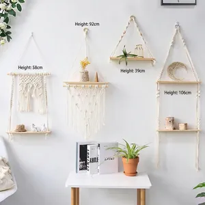 Bohemian Macrame Wall Hanging Wood Shelf Hand Woven Cotton Cord Floating Shelves For Living Room Bedroom Home Decoration Art Tapestry
