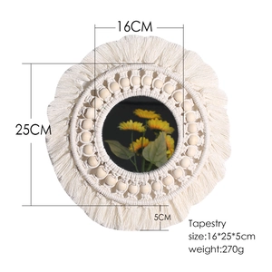 Bohemian woven tapestry mirror with macrame fringes and wood beads 25cm wall decoration