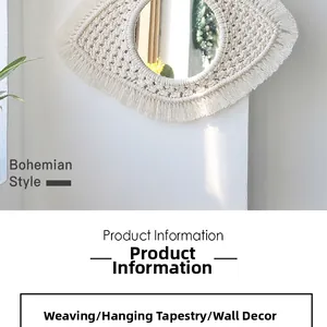 Détail de la texture en macramé tissé à la main sur le miroir mural style bohème œil