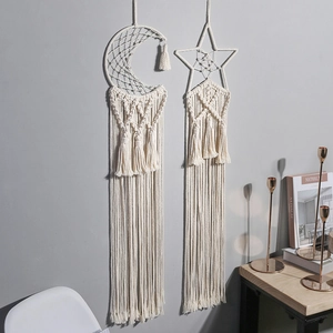 Bohemian woven cotton star and moon dream catcher set with long tassels for wall decor