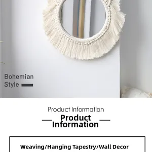 Detailed view of bohemian round wall mirror with white woven cotton rope fringe