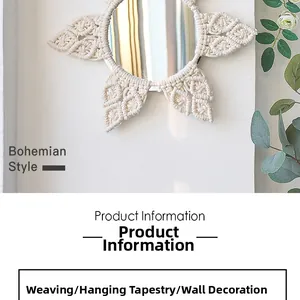 Detailed view of bohemian style handmade woven cotton leaf patterns around a wall mirror