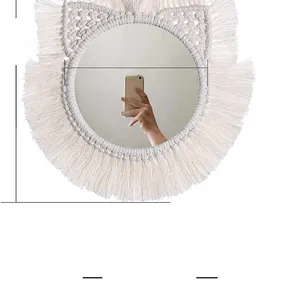 Detail of macrame cat-ear mirror showing 15cm glass diameter and 36cm hanging length