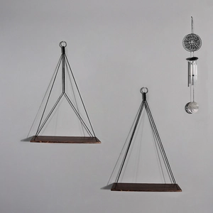 Set of two dark brown wooden wall hanging shelves with black ropes for home decor
