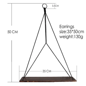 Minimalist wall hanging wooden shelf with black rope and size specs 50cm by 35cm