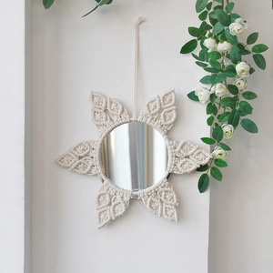 Handmade boho flower woven mirror in creamy white cotton rope for wall decoration