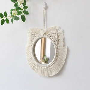 Bohemian cat ear wall mirror with handmade cotton rope weaving and fringe detail
