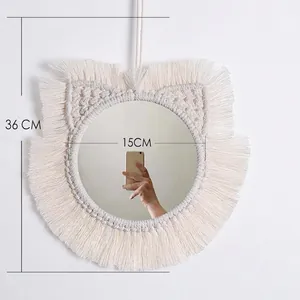 Handmade white macrame cat ear mirror, boho cotton rope wall decor, 36cm height