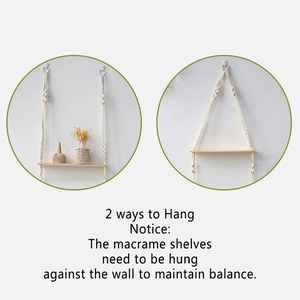 Detail showing two hanging methods for the bohemian macrame wood floating wall shelf