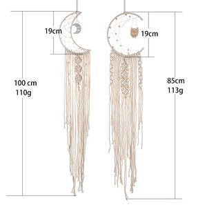 Handmade moon dream catcher wall hanging with white cotton tassels and wood owl charm