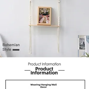 Detailed view of bohemian woven cotton rope wall shelf with elegant decorative tassels