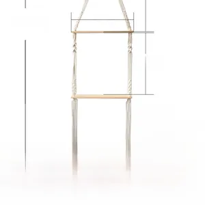 Detailed dimensions of double-tier bohemian woven wall shelf with 35cm wood boards