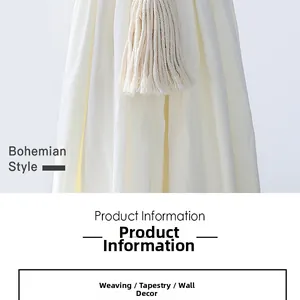 Detailed view of bohemian woven cotton rope texture and tassels on beige wall tapestry