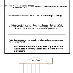 Detail showing dimensions of 85x45cm for the woven cotton wall hanging with wood stick