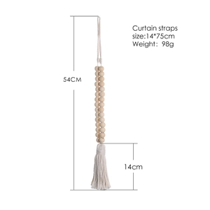 Minimalist wooden bead curtain tieback with cotton tassels and product dimensions