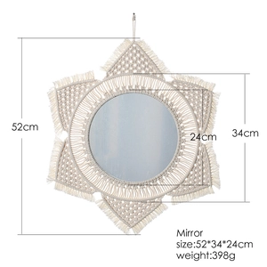 Dimensiones detalladas del espejo de pared redondo de macramé con flecos, 52 cm de alto