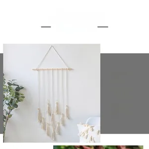 Close-up of bohemian woven tapestry with natural wooden beads and macrame fringe details
