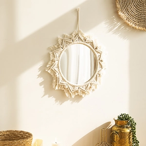 Espejo de pared redondo de macramé bohemio con flecos de algodón hechos a mano