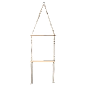 Bohemian double-tier hanging wall shelf with woven cotton rope and solid wood boards