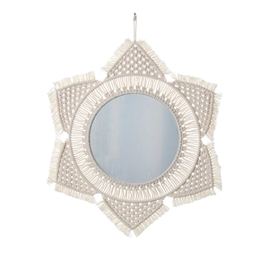 Espejo de pared bohemio artesanal con flecos y diseño de estrella en cuerda de algodón