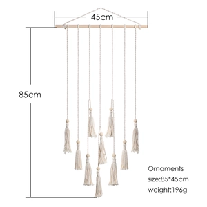 Bohemian woven cotton wall hanging with wooden beads and tassels, 85x45cm size details