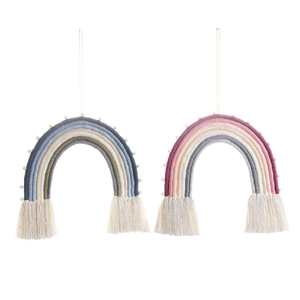 Handwoven rainbow wall hanging with soft pom-poms and tassels for kids room decor