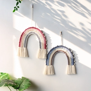 Hand Woven Cotton Macrame Rainbow Wall Hanging With Tassels Felt Balls For Nursery Kids Room Home Decor Nordic Ornament