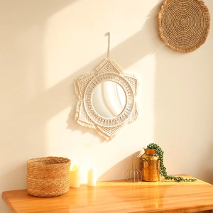 Espejo de pared boho redondo con marco de macramé y flecos para decoración hogar