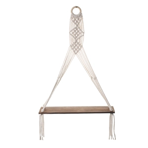 Handmade macrame wall hanging plant shelf with dark wood board and cotton rope