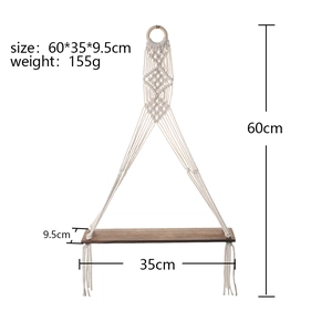 Detail showing dimension labels of a woven bohemian shelf with cotton rope and wood