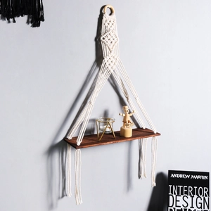 Handwoven bohemian wall hanging macrame shelf with wooden board for home decor