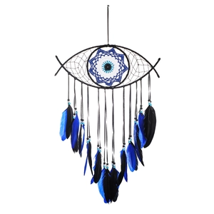 Detailed view of evil eye dreamcatcher featuring blue feathers and nazar amulet bead