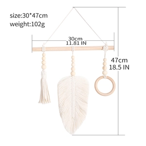 Handmade boho macrame wall hanging with wooden beads and leaf tassels 30x47cm
