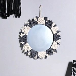 Bohemian round wall mirror with handmade macrame cotton weave frame and fringe details