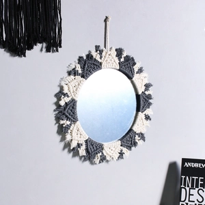 Bohemian round macrame wall mirror with handmade cotton weave and fringe decoration