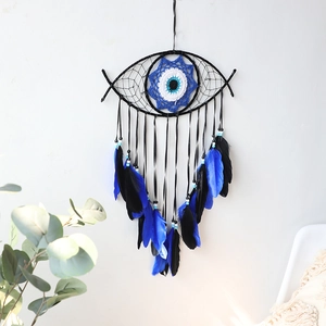 Evil eye dream catcher wall decor with blue and black feathers for home interior
