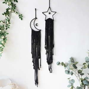 Böhmischer Schwarzer Macrame Wandbehang Stern Mond Handgefertigt Baumwollseil Quaste Traumfänger Für Schlafzimmer Wohnzimmer Dekoration