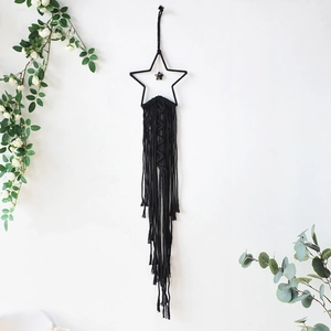 Handgefertigter schwarzer Stern-Traumfänger-Wandteppich mit Fransen im Boho-Stil