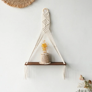 Handmade Bohemian woven wall hanging shelf with cotton rope and solid wood board