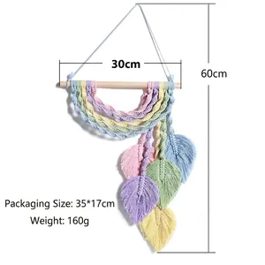 Handmade Bohemian woven wall hanging with colorful leaf pendants and wooden rod 30x60cm