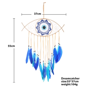 Detailed view of evil eye dreamcatcher with colorful feathers and woven mandala pattern
