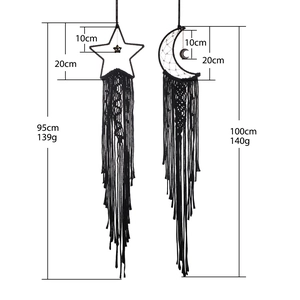 Handgefertigtes schwarzes Makramee-Wandbehang-Set mit gewebten Stern- und Mondformen und Fransen