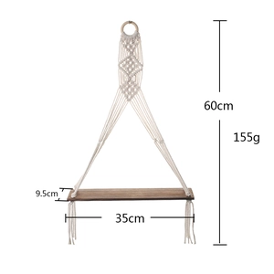 Handmade boho macrame wall shelf in white cotton rope with wood board and 60cm height