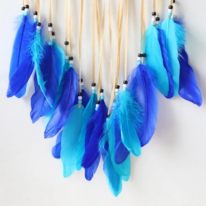 Detailed macro view of vibrant blue and turquoise feathers with ornamental beads