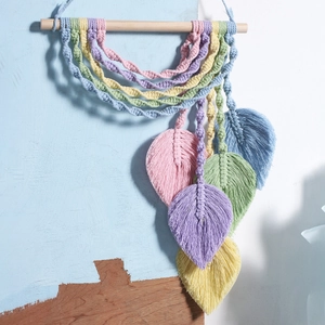 Handmade Boho Macrame Wall Hanging Colorful Cotton Woven Tapestry With Leaf Feather Tassel For Home Living Room Decor